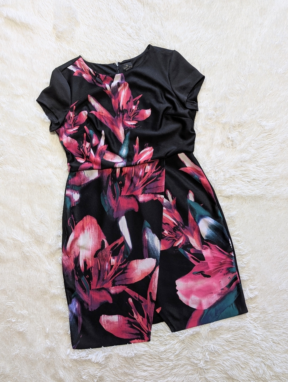 Worthington Pink Floral Graphic & Black Faux Wrap Stretch Sheath Dress Size 16